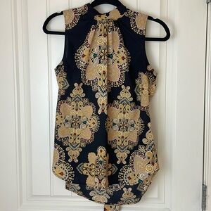 Black Gold Sleeveless Blouse, Size S, NY & Company Mock Neck Bow Womens Top